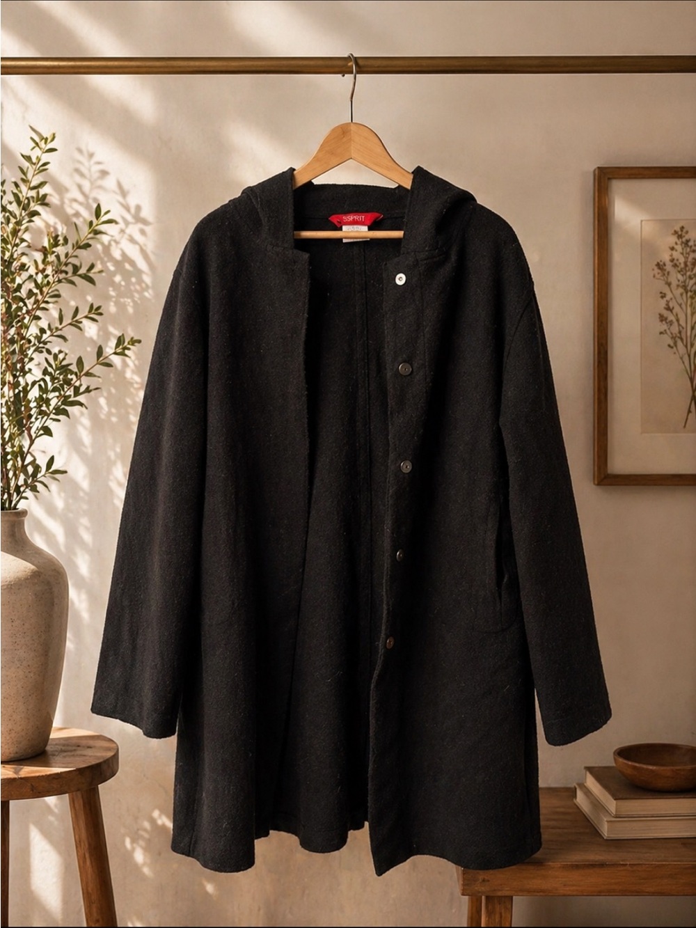 Vintage ESPRIT Black Hooded Wool-Blend Coat Lg